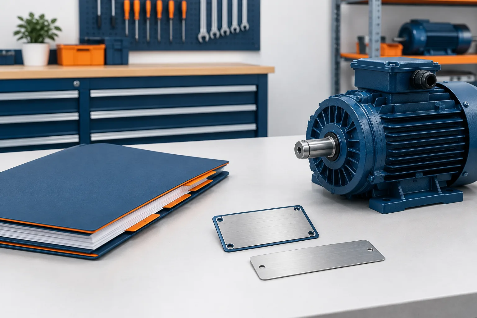 An organized repair job folder beside an industrial motor and a blank metal label.